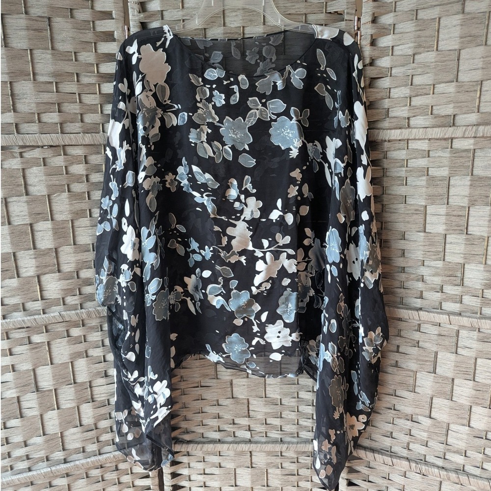 Poncho Top Black Floral Burnout Semi Sheer Handkerchief Hem OS Whimsigoth Boho